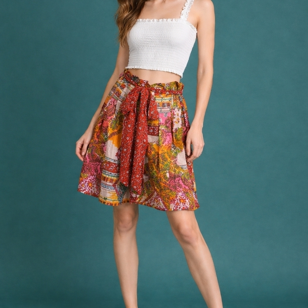 Bila Paisley Floral Patchwork Tie Waist Paperbag Gypsy Boho Petite Skirt